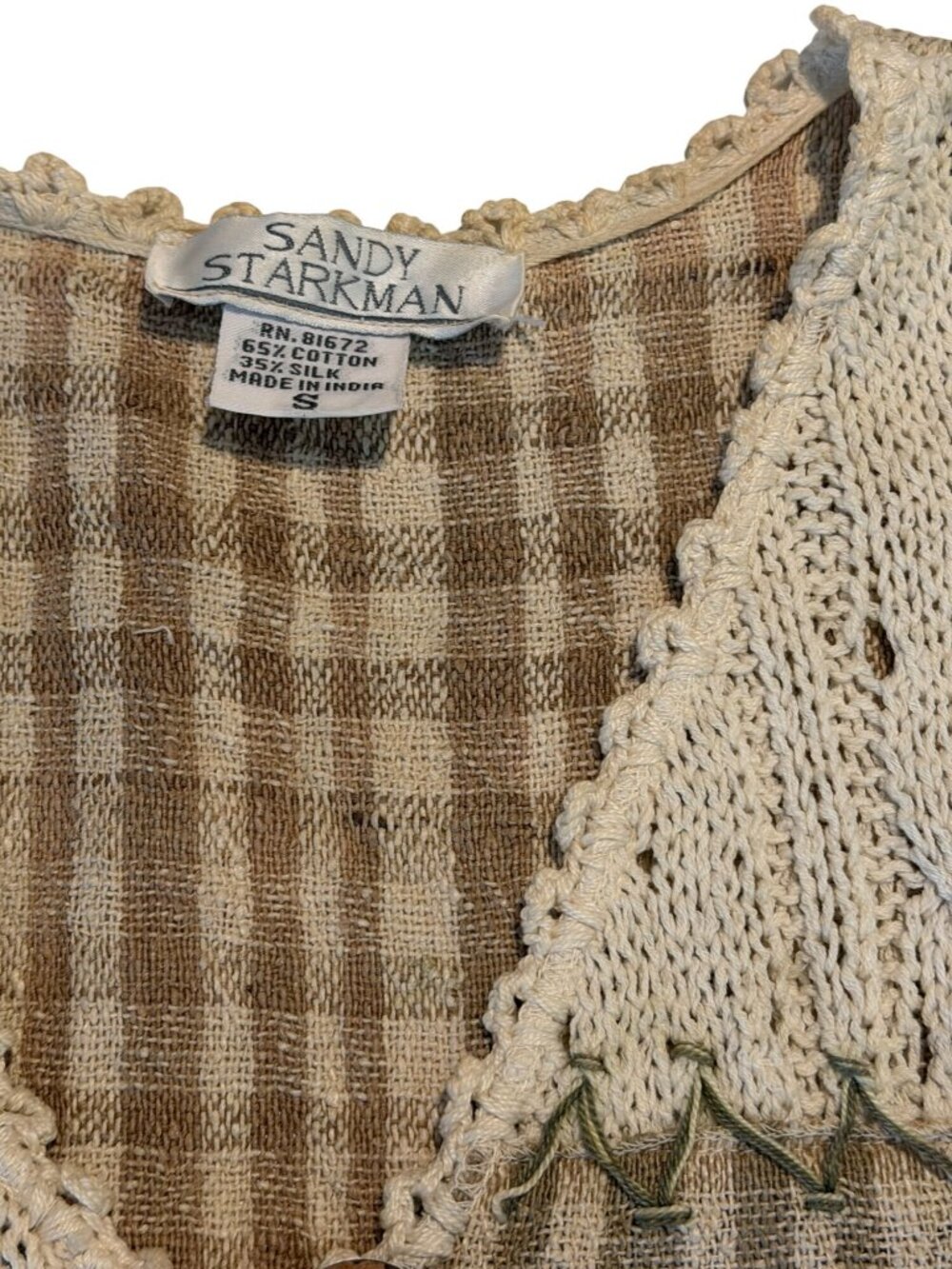 Sandy Starkman Brown Patchwork Crocheted Cotton Silk Vest Size Small - Picture 5 of 7
